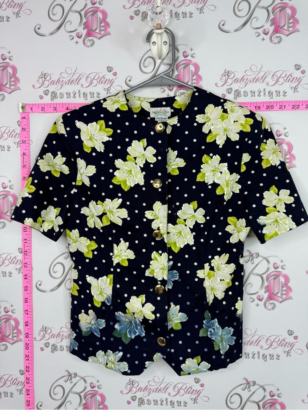 MONA LISA Italy vintage top Black Floral Polka Dot Button Front Top